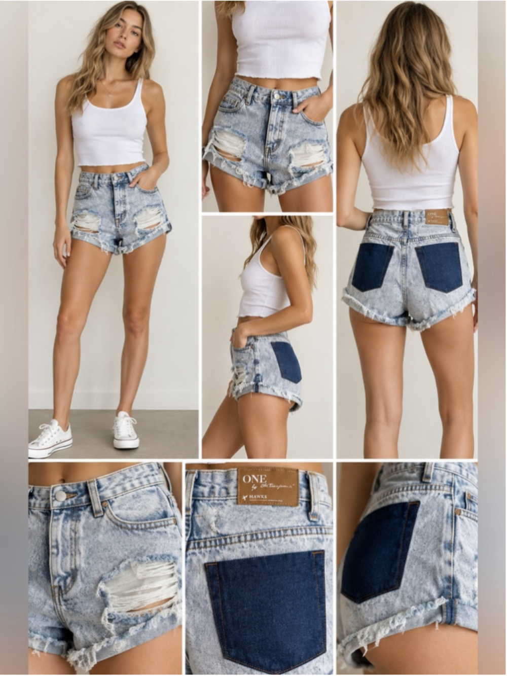 One Teaspoon Classic Hawks Distressed Denim Shorts NWT Size 27 Two Tone Y2K